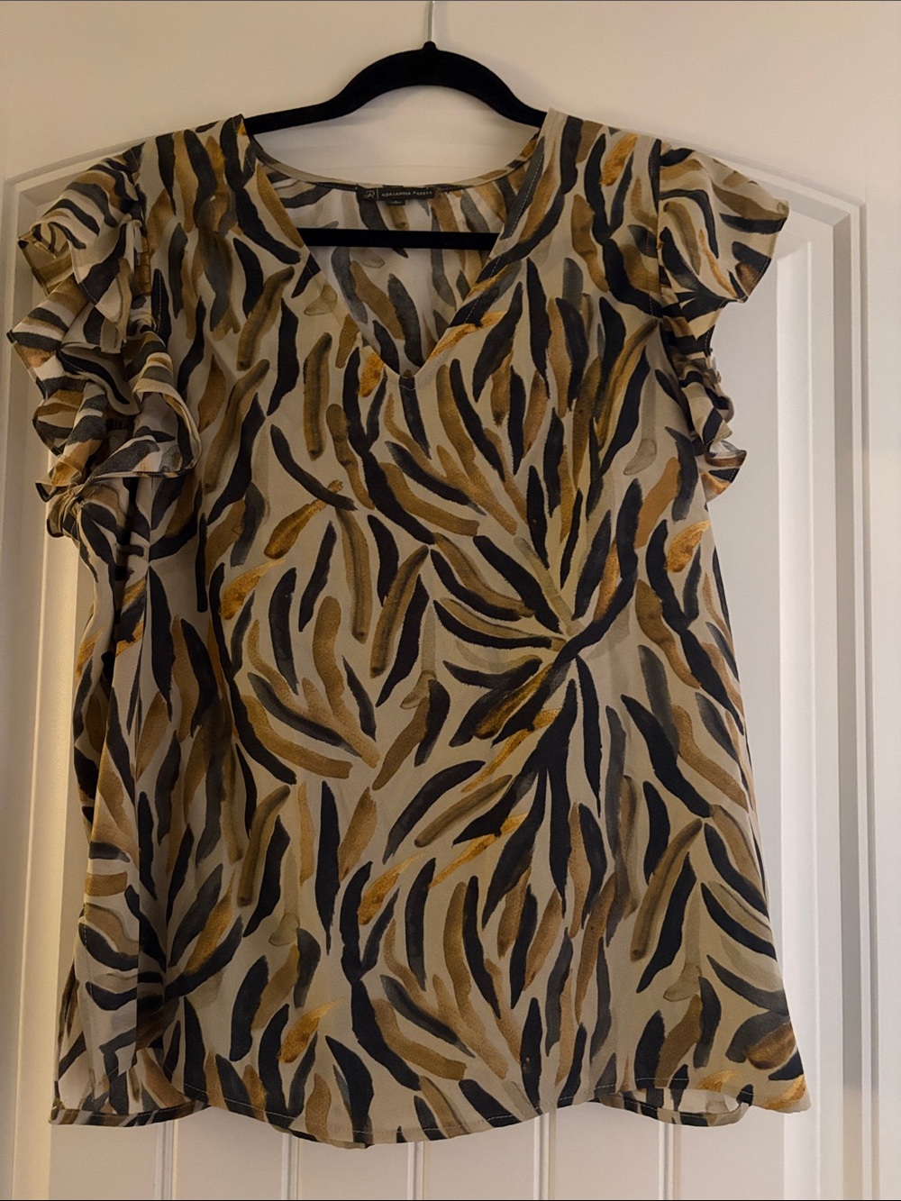 Adrianna Papell Cream Blouse with Tan and Black Leaf Print